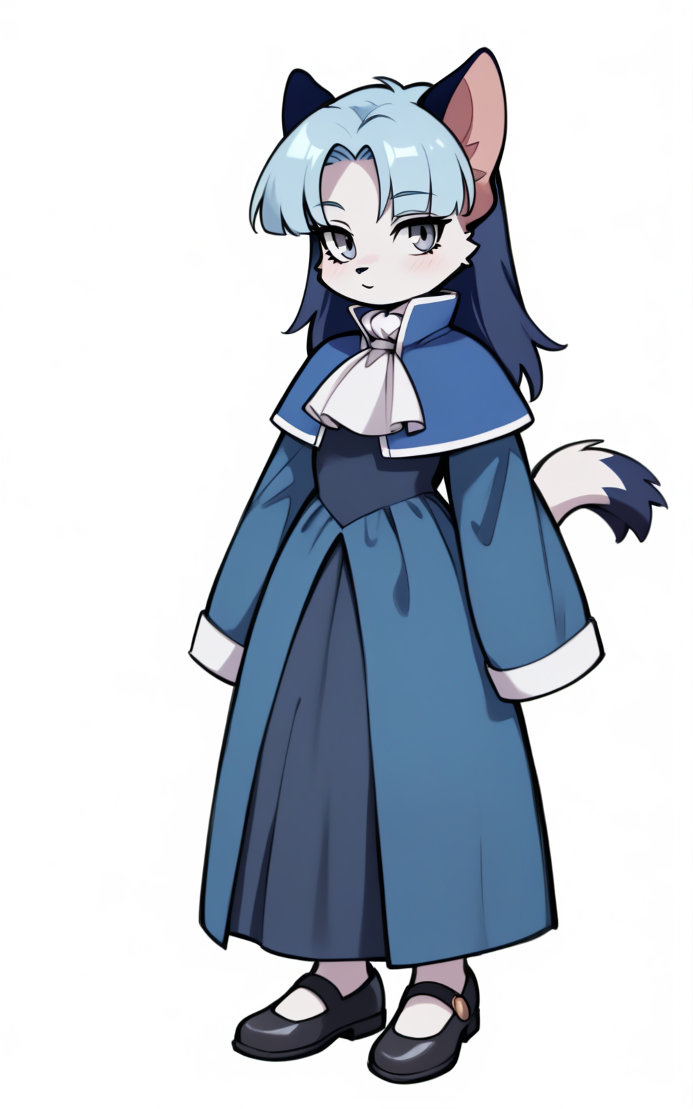 best quality, absurdres,full body, <lora:BolivanteStyleITS:0.8>,   <lora:SPTCITS:0.8>, SPTCITS, shoes, animal ears, furry, tail, light blue hair, dark blue hair, furry female, long hair, cat tail, cat girl, grey eyes, blue dress, dress, sleeves past wrists, two-tone hair, ascot, white ascot, capelet, white background,standing, white skin, slim, long skirt