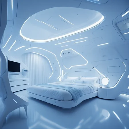 <lyco:bionic style interior design:1.0> white futuristic bionic bedroom
