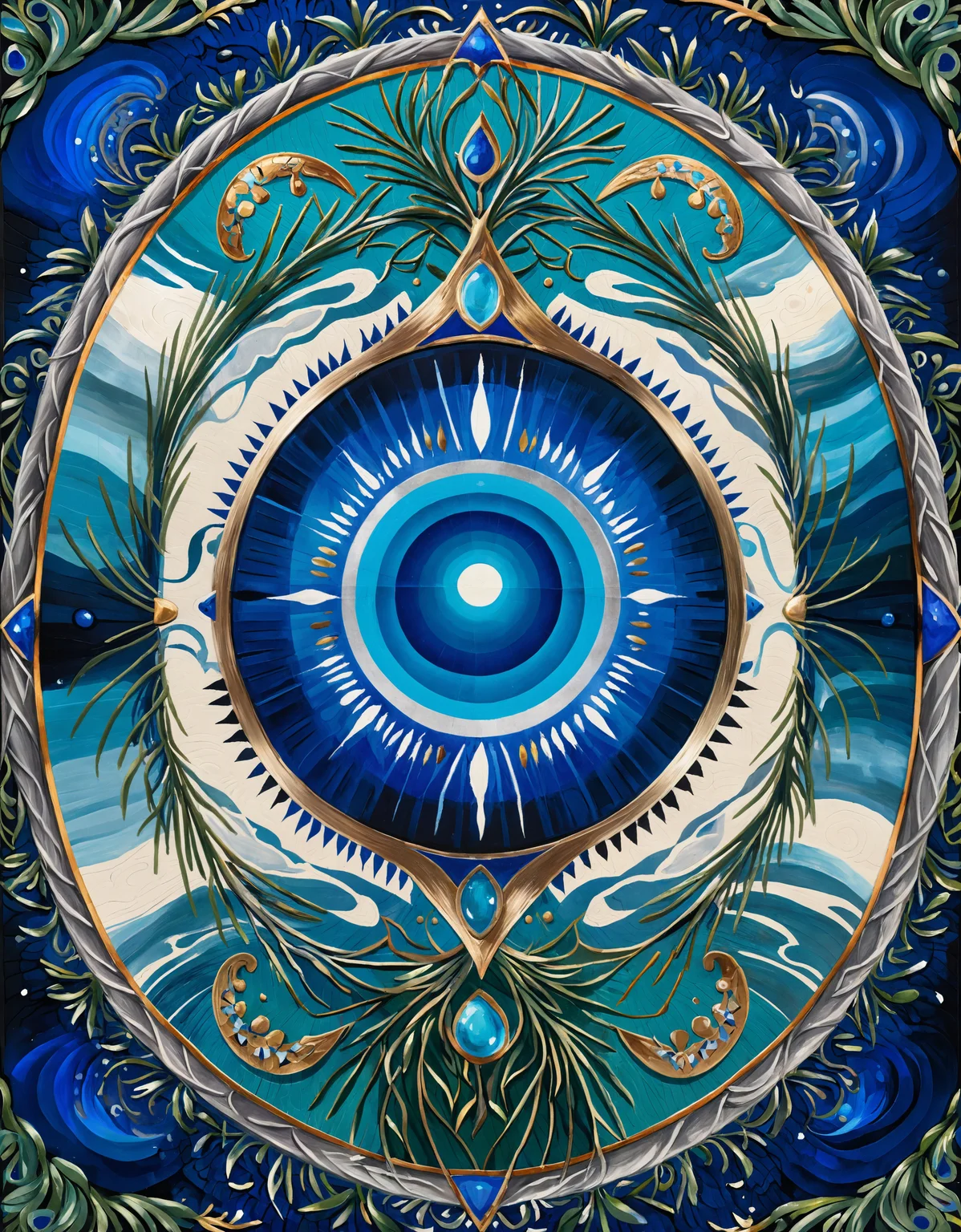 zavy-rghflt, (designed by Josephine Wall:1.1) and Elena Paraskeva, painting, Teal, Cobalt Blue and Light Gray Ethiopian (Pine needle carpet:1.1) , Grand, it has ornate details, Very wide view, Vivid, Serene, Voidpunk, Fish-eye Lens, colorful, horror, painterly, sublime, elaborate, vibrant, elegant, contemporary, great composition