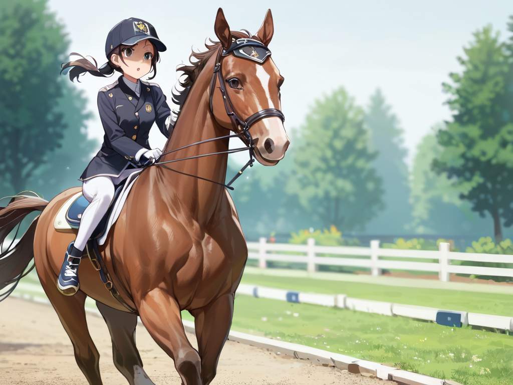 score_9, score_8_up, score_7_up,source_anime, high res image,masterpiece,best quality,girl,cute face,clear skin,shiny hair,ultra detailed eyes,simple background,   <lora:kisyu_pony_V1.0:1> kisyu, horse, riding, black jacket,white pants,running