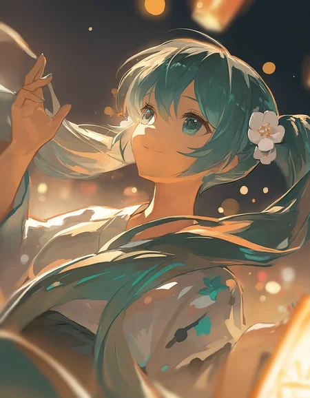 very awa, hatsune miku, (close-up:1.5), upper body, reaching up, night sky, dark, standing, glowing, aqua and white kimono, alternate costume, single hair flower, white flower, smile, dutch angle, orange theme, dark theme, sky lantern, looking to the side, ((bokeh, blurry foreground)), paper lantern, [masterpiece:0.15], [best quality:0.15], [newest:0.15], [absurdres:0.15] <lora:stylelora-000010:1>
