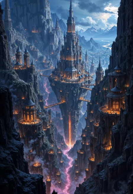 medieval fantasy, A city of towers that rises from a cliff above a vast chasm. The towers are of different heights, shapes, and colors, some reaching the clouds, some barely standing. The city is lit by magical lights of various hues, creating a dazzling spectacle at night. Bridges, cables, and flying vehicles connect the towers, forming a complex network of transportation. The city is home to people of many races, cultures, and backgrounds, who live in different districts and levels of the towers. The city is a hub of commerce, politics, and magic, but also a place of danger, intrigue, and mystery. aidmaMJ6.1