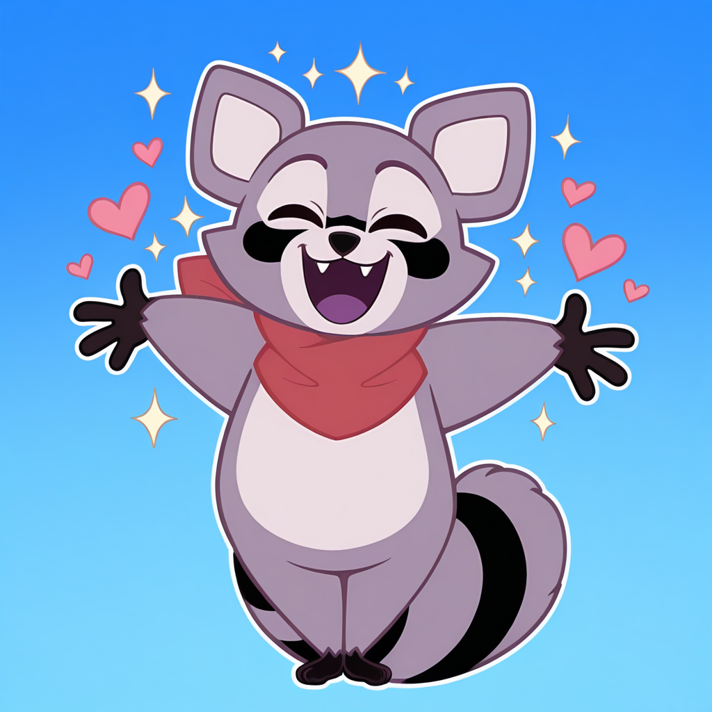 <lora:Rambley_Raccoon_-_Illustrious:1> Rambley, red neckerchief, 1boy, full body, arms out, open smile, eyes closed, sparkles, hearts, blue background, gradient background, masterpiece