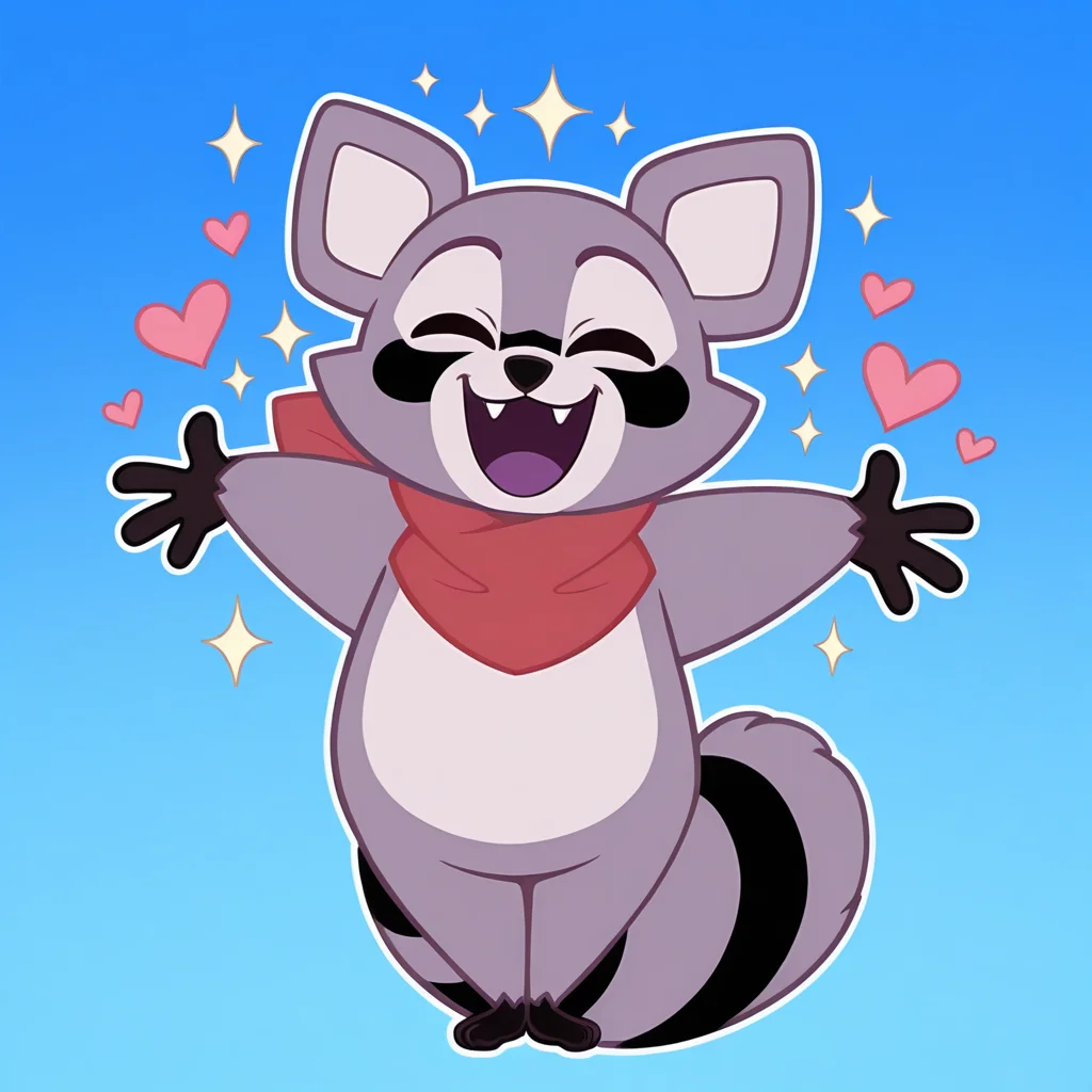 <lora:Rambley_Raccoon_-_Illustrious:1> Rambley, red neckerchief, 1boy, full body, arms out, open smile, eyes closed, sparkles, hearts, blue background, gradient background, masterpiece