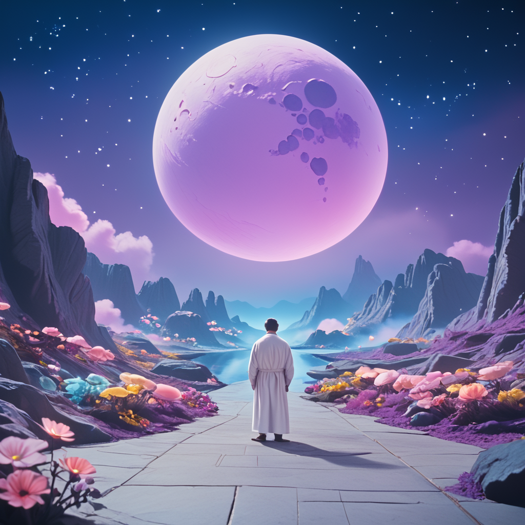 Score_9, score_8_up, score_7_up, score_6_up, BREAK  <lora:70sSci-FiMoviePony:1>  ArsMovieStill, movie still from a 1970s technicolor Sci-Fi movie, The image shows a man standing in front of a vast landscape with a large pink planet in the background. The planet appears to be a large glowing pink and purple sphere with a starry sky and a crescent moon visible in the top right corner. The man is wearing a long white robe and is standing on a concrete floor with a view of the mountains and a body of water in the distance. The landscape is filled with colorful flowers and plants and there are large rocks scattered throughout. The overall mood of the image is surreal and dreamlike., moon, star (sky), 1boy, sky, solo, male focus, night, starry sky, scenery, full moon