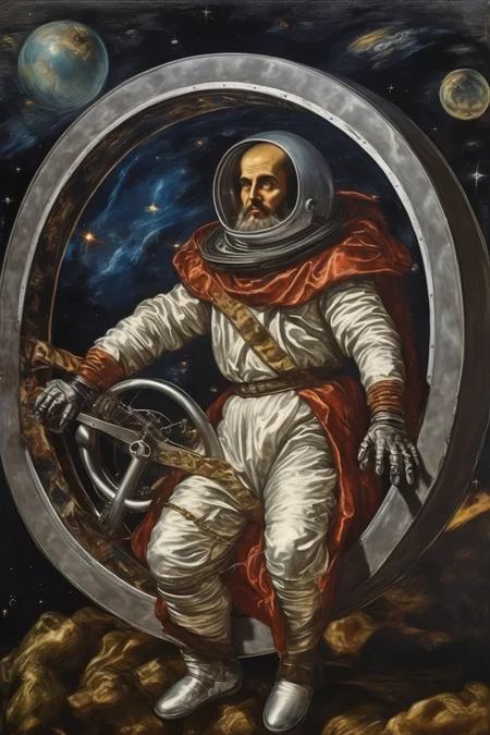 <lora:Tintoretto Style:1>Tintoretto Style - space priest in spacesuit with cross riding monowheel