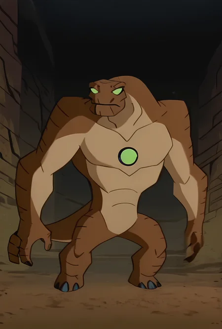 <lora:humungousaur-08:1> humungousaur, dinosaur, 1boy, male focus, solo, green eyes, no humans, brown skin, , green sclera, tail, no pupils, dynamic pose , <lora:BatSup_Anim_90s_ILXL:1> batsup90xl, flat color, 90s, masterpiece, best quality, amazing quality, very aesthetic, absurdres, newest,