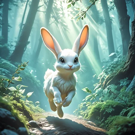 core_9, score_8_up, score_7_up, score_6_up, <lora:80sFantasyMoviePony2:1> ArsMovieStill, 80s Fantasy Movie Still, The image is a digital illustration of a white rabbit running through a forest. The rabbit is in mid-air with its body stretched out and its ears perked up. It appears to be running towards the right side of the image. The background is a deep blue-green color with trees and bushes on either side. The trees are tall and slender with branches reaching up towards the sky. The ground is covered in small rocks and shrubs and there is a small stream running through the forest below. The sunlight is shining through the trees creating a soft glow that illuminates the scene. The overall mood of the illustration is peaceful and serene., nature, forest, no humans, rabbit, tree, outdoors, scenery, sunlight, light rays, solo