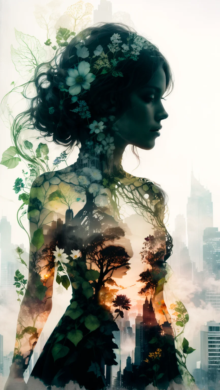 a photograph of a double exposure of a woman standing in front of a city skyline, her silhouette filled with the intricate details of botanical illustrations. The flowers matched her dress, transforming her into a powerful nature goddess with the concrete jungle at her command. <lora:detailed_notrigger:1>, <lora:xl_more_art-full_v1:1>