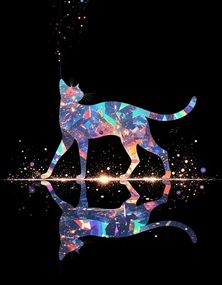 aidmamj6.1, vibrant reflective holographic drawing in the style of ckhg art of Silhouette of a long-legged cat walking surrounded by sparkling light particles
particles cascading down from the cat
cat reflected in a mirror are depicted as upper and lower objects
black background
Fantastic and mysterious illustration like the world in a transparent dream
<lora:aidmaMJ6.1_v0.5_3:0.4> <lora:ck-holographic-glitter-000015:0.5>