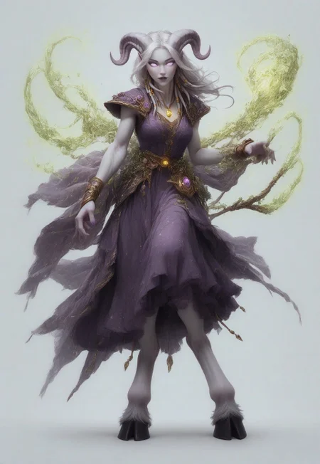 (absurdres, highres, best quality, masterpiece:1.4), 
score_9, score_8_up, score_7_up, score_6_up, 
detailed, 
detailed body, 
detailed face, 

(culDraenei, 
female, 
purple eyes, 
no sclera, 
no pupils, 
athletic, 
tall, 
slim, 
pale skin,
grey skin, 
long ears),

loose long purple dress,  
yellow pendant, 
sleeveless, 
magical spell, green aura, 

cheerful, 
(((full body))), 
posing, 
floating, 

(((white background, plain background))), 
(((no objects in background)))