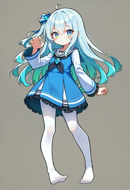 score_9, source_anime, score_8_up, score_7_up,
simple background,white background,<lora:madobev1-000040:0.7> madobev1,full body,standing, claw pose,cyan hair,multicolored eyes, one side up, white_pantyhose,barefoot,no shoes, serafuku, hair ornament, hair bow,black neckerchief,white frills,