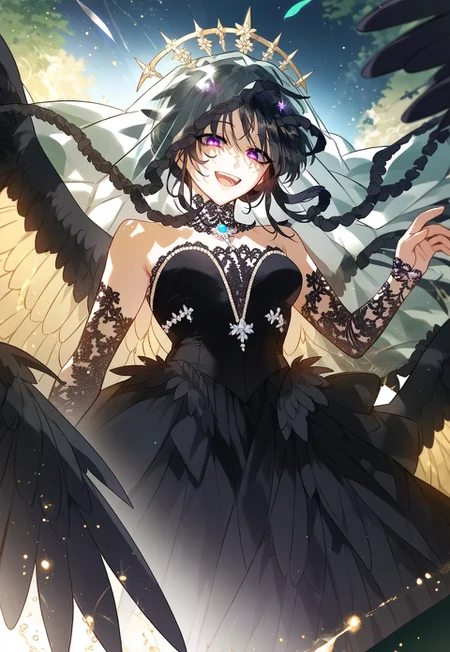 zPDXL3, score_9_up, score_8_up, score_7_up, (Anime_source), 1girl, Reneille, purple eyes, black hair, The Final Outfit, veil, bun hair, wings, floating, from below, black feathers, glowing, looking at viewer, particles, smile, open mouth, cowboy shot