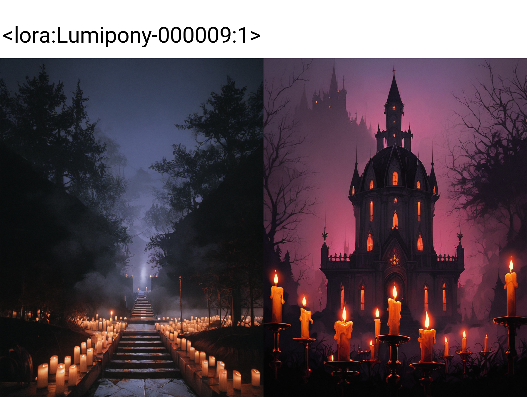 score_9, score_8_up, score_7_up, score_6_up,(masterpiece, best quality, high quality, highres, ultra-detailed),lum, too many candles,
BREAK
Landscape, no people, field and mountains, a castle in the distance, candles lead to it, lots of candles
BREAK
night,dark,(a lot of candles:1.2),warm candlelight,rim light,(haze, fog, mist:1.3), chiaroscuro,  <lora:Sinozick_Style_XL_Pony:0.5> <lora:g0th1cPXL:0.5> <lora:Lumipony-000009:1> <lora:dark:0.35>