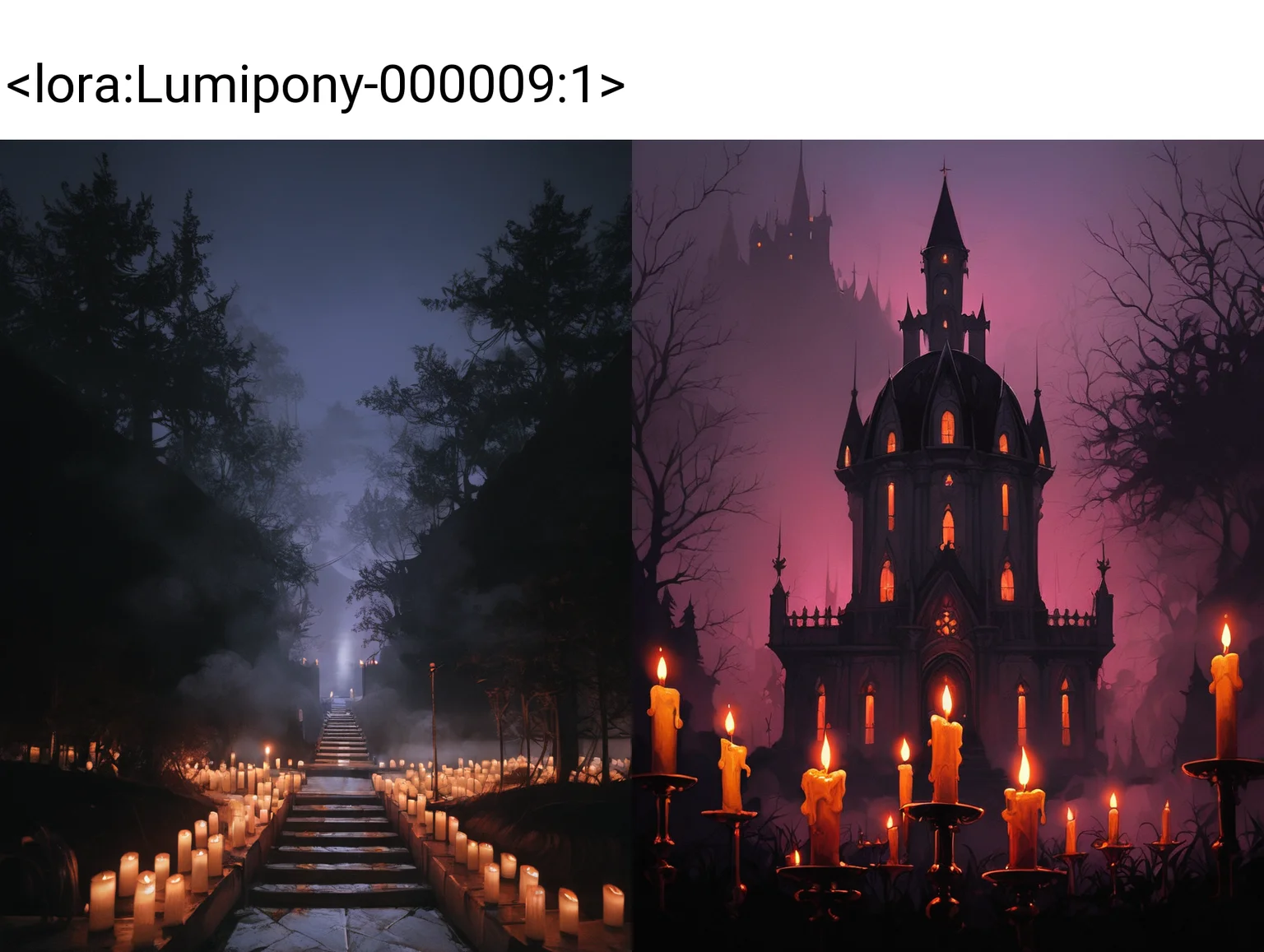 score_9, score_8_up, score_7_up, score_6_up,(masterpiece, best quality, high quality, highres, ultra-detailed),lum, too many candles,
BREAK
Landscape, no people, field and mountains, a castle in the distance, candles lead to it, lots of candles
BREAK
night,dark,(a lot of candles:1.2),warm candlelight,rim light,(haze, fog, mist:1.3), chiaroscuro,  <lora:Sinozick_Style_XL_Pony:0.5> <lora:g0th1cPXL:0.5> <lora:Lumipony-000009:1> <lora:dark:0.35>