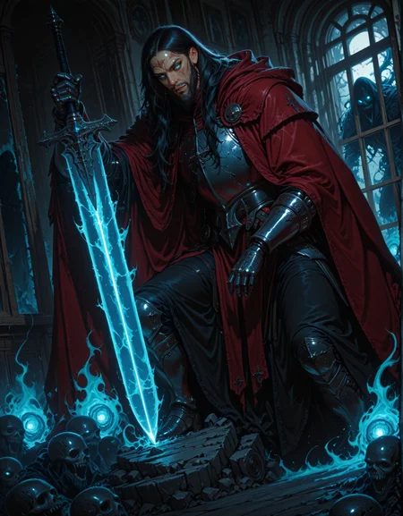 masterpiece, best quality,high quality, newest, highres,8K,HDR,absurdres, dimly lit, rim lighting, occult, gothic, eerie, (solo), 1boy, beard, long hair, black hair, face scar, blue eyes, halfplate armor, red cloak, left robotic arm, dutch angle, dynamic pose, black frilly drapes, in front of a window, ghosts, spirits, highly detailed, holding a glowing sword, horror,  <lora:iLLMythG0thicL1nes:1> G0thicL1nes