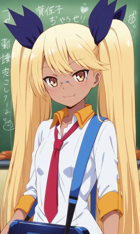 masterpiece, best qualify, zzRetoree, 1girl, solo, blonde hair, looking at viewer, twintails, glasses, necktie, smile, long hair, guitar, red necktie, yellow eyes, very long hair, shirt, hair ribbon, instrument, ribbon, smile, upper body, :3, dark skin, dark-skinned female, collared shirt, white shirt, closed mouth, small breasts, brown eyes, tsurime, breasts, chalkboard, rimless eyewear,
