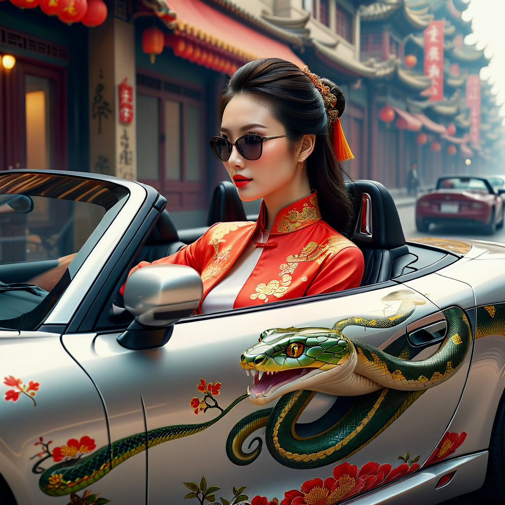photo realistic, woman wearing chinese cloths driving a convertible sports car that has snake graphics on the side of the car, thru a city with mirrored buildings, side view, ch1n3se_cl0th35, (HD, masterpiece, best quality, hyper detailed, ultra detailed, super realistic),amazing, traditional_chinese_clothes_sdxl-000006<lora:sdxl\mine\traditional_chinese_clothes_sdxl-000006.safetensors:0.97:0.97>