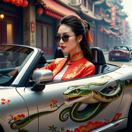 photo realistic, woman wearing chinese cloths driving a convertible sports car that has snake graphics on the side of the car, thru a city with mirrored buildings, side view, ch1n3se_cl0th35, (HD, masterpiece, best quality, hyper detailed, ultra detailed, super realistic),amazing, traditional_chinese_clothes_sdxl-000006<lora:sdxl\mine\traditional_chinese_clothes_sdxl-000006.safetensors:0.97:0.97>