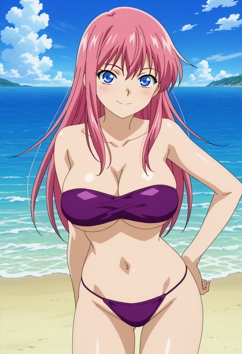 finetuneanime,anime screencap, official art, detailed anime, ultra detailed anime art, anime screencap, screencap, score 9, score 8 up, score 7 up, masterpiece, anime coloring, source anime,
BREAK
MionBase, 1girl, blue eyes, solo, pink hair, long hair, large breasts, curvy, fair skin, shiny skin, smoothy skin, fair skin, fair skin, NEGATIVE_HANDS, 
BREAK
purple bikini, bandeau top, t-string, underboob,
BREAK
sexy pose, standing, 1hand on hip, smile, alluring, day, beach, detailed background,