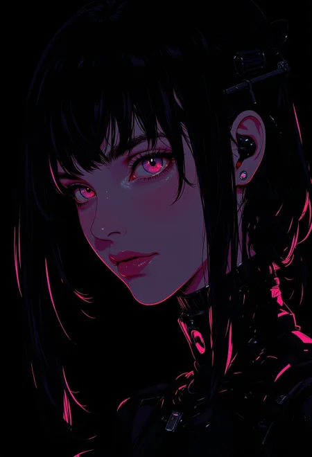 <lora:ck-nc-luminal-genesis:1>, A digital anime artwork in the style of cklg, A stunning close-up portrait of a beautiful woman with long, wavy hair cascading around her face. Subtle mechanical features are integrated into her face and neck, blending seamlessly with her natural beauty. The artwork is rendered in a chiaroscuro style, with extreme contrast between light and shadow, creating a dramatic, moody effect. The background is completely black, with neon pink light illuminating select areas of her face, hair, and mechanical elements, adding a futuristic glow. The contrast of neon pink and black enhances the surreal atmosphere, blending organic beauty with mechanical details for a striking cybernetic aesthetic.
<lora:ck-Sci-Fi-Concepts:0.3>
<lora:flux.1_lora_flyway_Epic-detail_v2:0.6>
<lora:test2:0.7>
<lora:Anime v1.3:0.2>