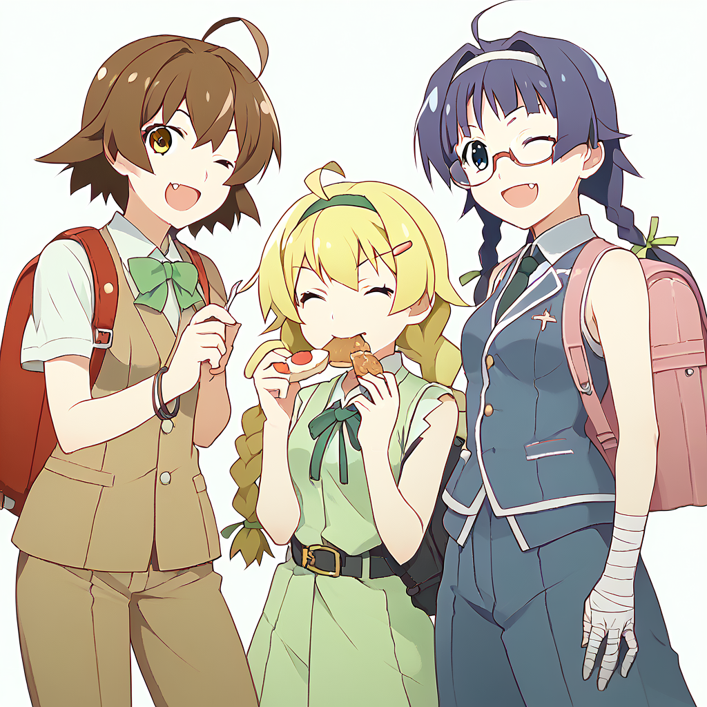 <lora:watanabeakio-000009:2>
score_9, score_8_up, score_7_up,score_6_up,
watanabe akio, poyoyon rock, watanabeakio, hachikuji mayoi, sengoku nadeko, multiple girls, hanekawa tsubasa, food, black hair, twintails, necktie, japanese clothes, hair ornament, long hair, blonde hair, glasses, bandages, backpack, purple hair, bag, ahoge, hairband, open mouth, smile, short hair, senjougahara hitagi, dress, green ribbon, brown hair, looking at viewer, gloves, bow, braid, ribbon, hair ribbon, fang, twin braids, one eye closed, brown eyes, naoetsu high school uniform, blue eyes, hat, black eyes, yellow eyes, red eyes, belt, green eyes, vest, pants, shirt, bare shoulders, blue hair, mouth hold, school uniform, sleeveless, bangs, grey eyes, white background, breasts, bracelet, bowtie, closed eyes, hairclip