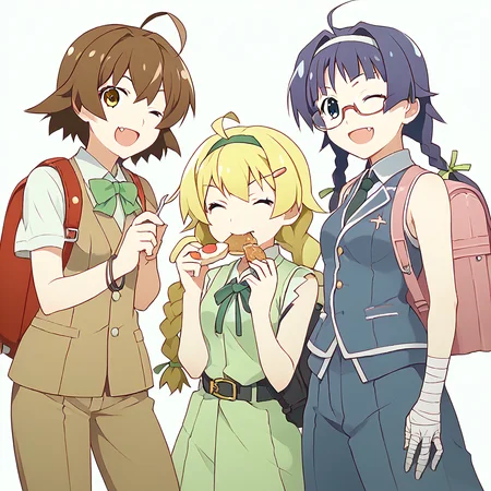 <lora:watanabeakio-000009:2>
score_9, score_8_up, score_7_up,score_6_up,
watanabe akio, poyoyon rock, watanabeakio, hachikuji mayoi, sengoku nadeko, multiple girls, hanekawa tsubasa, food, black hair, twintails, necktie, japanese clothes, hair ornament, long hair, blonde hair, glasses, bandages, backpack, purple hair, bag, ahoge, hairband, open mouth, smile, short hair, senjougahara hitagi, dress, green ribbon, brown hair, looking at viewer, gloves, bow, braid, ribbon, hair ribbon, fang, twin braids, one eye closed, brown eyes, naoetsu high school uniform, blue eyes, hat, black eyes, yellow eyes, red eyes, belt, green eyes, vest, pants, shirt, bare shoulders, blue hair, mouth hold, school uniform, sleeveless, bangs, grey eyes, white background, breasts, bracelet, bowtie, closed eyes, hairclip