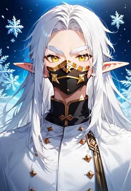 (masterpiece), (best quality), source_anime+, perfect anatomy, HD, 10k Res, digital_media_(artwork) hi_res, intricate, high quality, amazing quality, Expressive Face, (1boy, Gold Eyes, (Gold Face Mask), Not Handsome, Average, ((White Hair, White Eyebrows) Long Hair, Thick Hair, Twenty Years Old, Frost_Elf)), Drestoria-Style_V1, semi-realism, nose