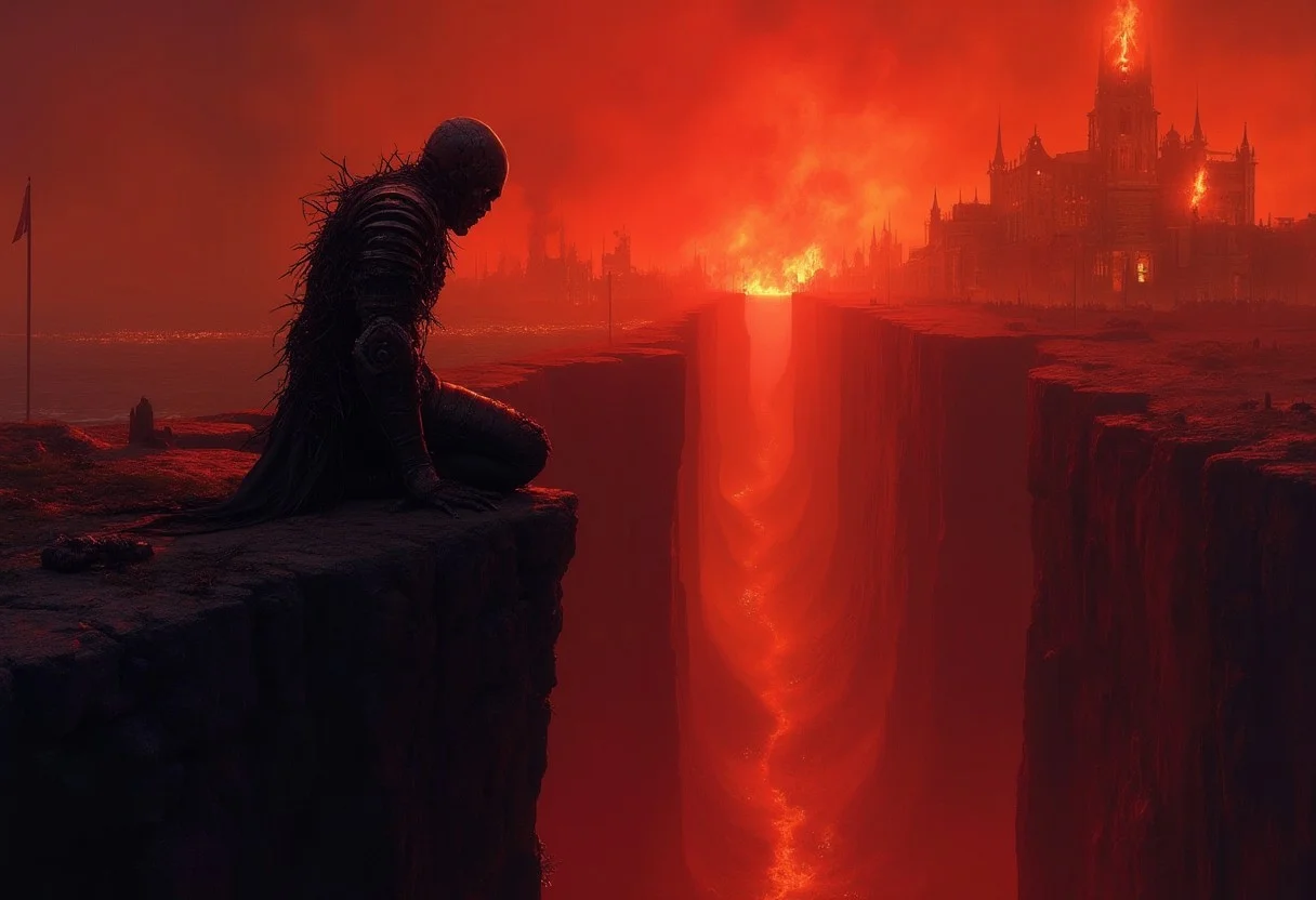 scenery style, A lone knight, his armor a grotesque parody of a once-noble order, now twisted and fused with thorns and bone, kneels at the edge of a bottomless chasm. A blood-red sky, illuminated by the flickering flames of a distant, burning city, casts a hellish glow across the scene. From the abyss below, a multitude of skeletal hands reach up towards the knight, their bony fingers grasping, their touch promising not salvation but an eternity of suffering. Digital art, dark fantasy, hyperrealistic, cinematic lighting, inspired by the works of Zdzisław Beksiński and Guillermo del Toro's Pan's Labyrinth. Psychological horror, body horror, Lovecraftian, despair, sacrifice, inevitable doom. The chasm's edge is littered with the decaying banners and broken weapons of fallen heroes, a testament to the countless souls claimed by the abyss. The knight's posture should convey both exhaustion and a dreadful acceptance of his fate, his body a canvas of pain and twisted transformation. The color palette should be dominated by deep reds, blacks, and browns, with the only source of light emanating from the burning city above and the faint, ethereal glow of the abyss itself. Use sharp, dramatic lighting to emphasize the knight's isolation and the sheer scale of the chasm, its depths disappearing into an impenetrable darkness. Focus on the overwhelming atmosphere of despair and the grotesque beauty of the knight's transformation.