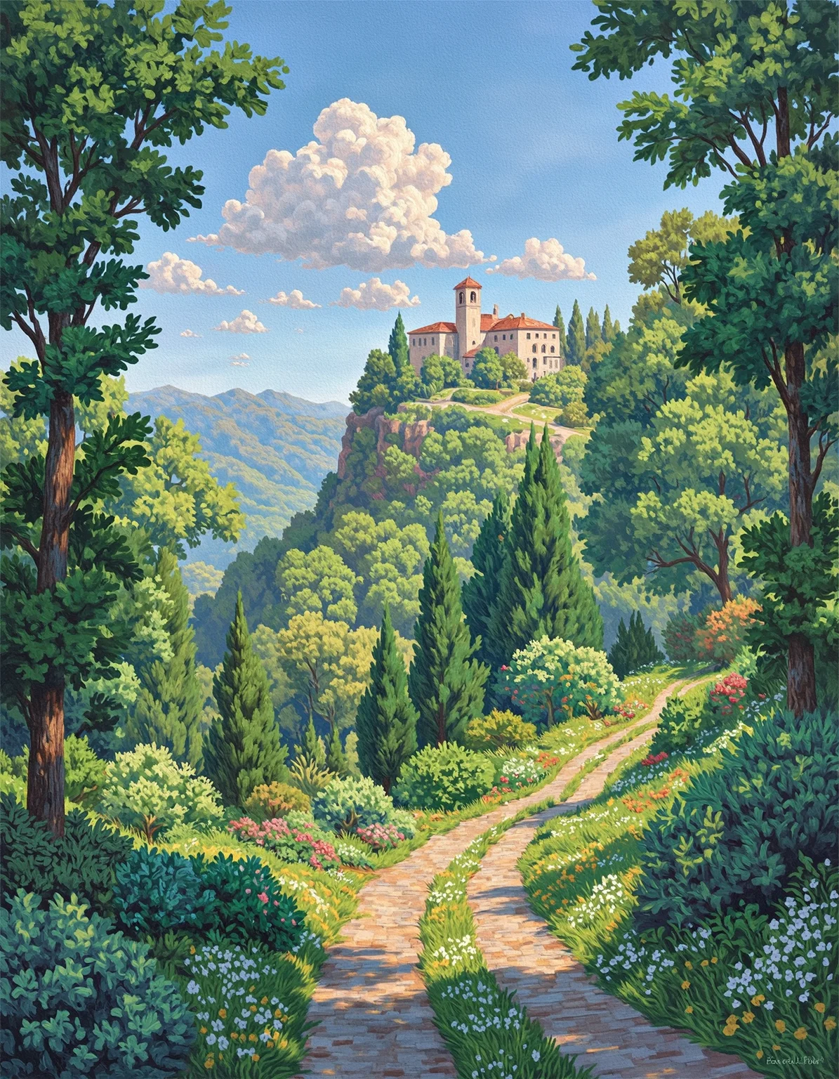 Tranquil landscape oil painting, realist style. Serpentine path leads up to a hilltop villa with a prominent bell tower, nestled among lush green foliage. Sunlight filters through the trees casting dappled shadows on the walkway. Rich texture in the brushwork, capturing the vivid variety of plant life. Hints of a vivid blue sky with puffy white clouds and distant mountains. Warm, inviting color palette evokes serene countryside ambiance.