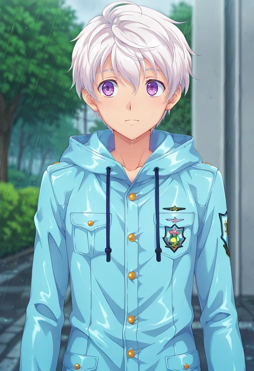 masterpiece, best quality, , anime screencap, , , , , 1boy, solo, male focus, <lora:felix_clermont_ilxl:0.98>, felix_clermont, white hair, purple eyes, ahoge, uniform, , raincoat,
