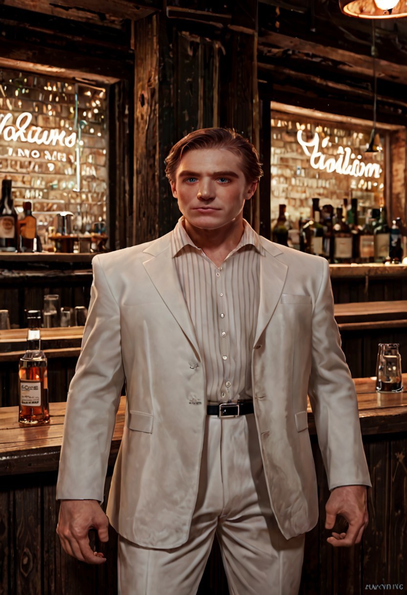 score_9, score_8_up, score_7_up, score_6_up, score_5_up, score_4_up, source_anime, 1boy, upper body, vladimir_lem_mp2, white suit, white collared shirt with stripes, white pants, bar, indoor of bar, bright color lights, welcoming, adult male