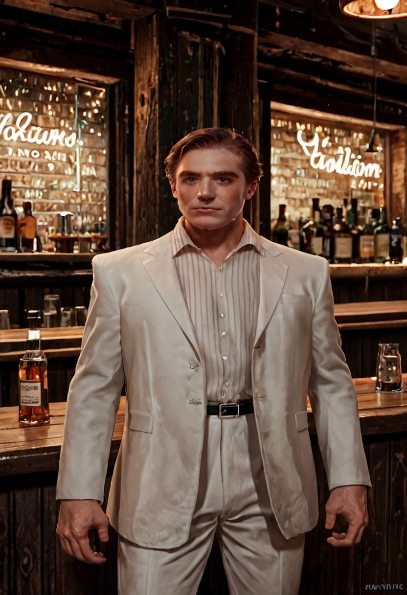 score_9, score_8_up, score_7_up, score_6_up, score_5_up, score_4_up, source_anime, 1boy, upper body, vladimir_lem_mp2, white suit, white collared shirt with stripes, white pants, bar, indoor of bar, bright color lights, welcoming, adult male
