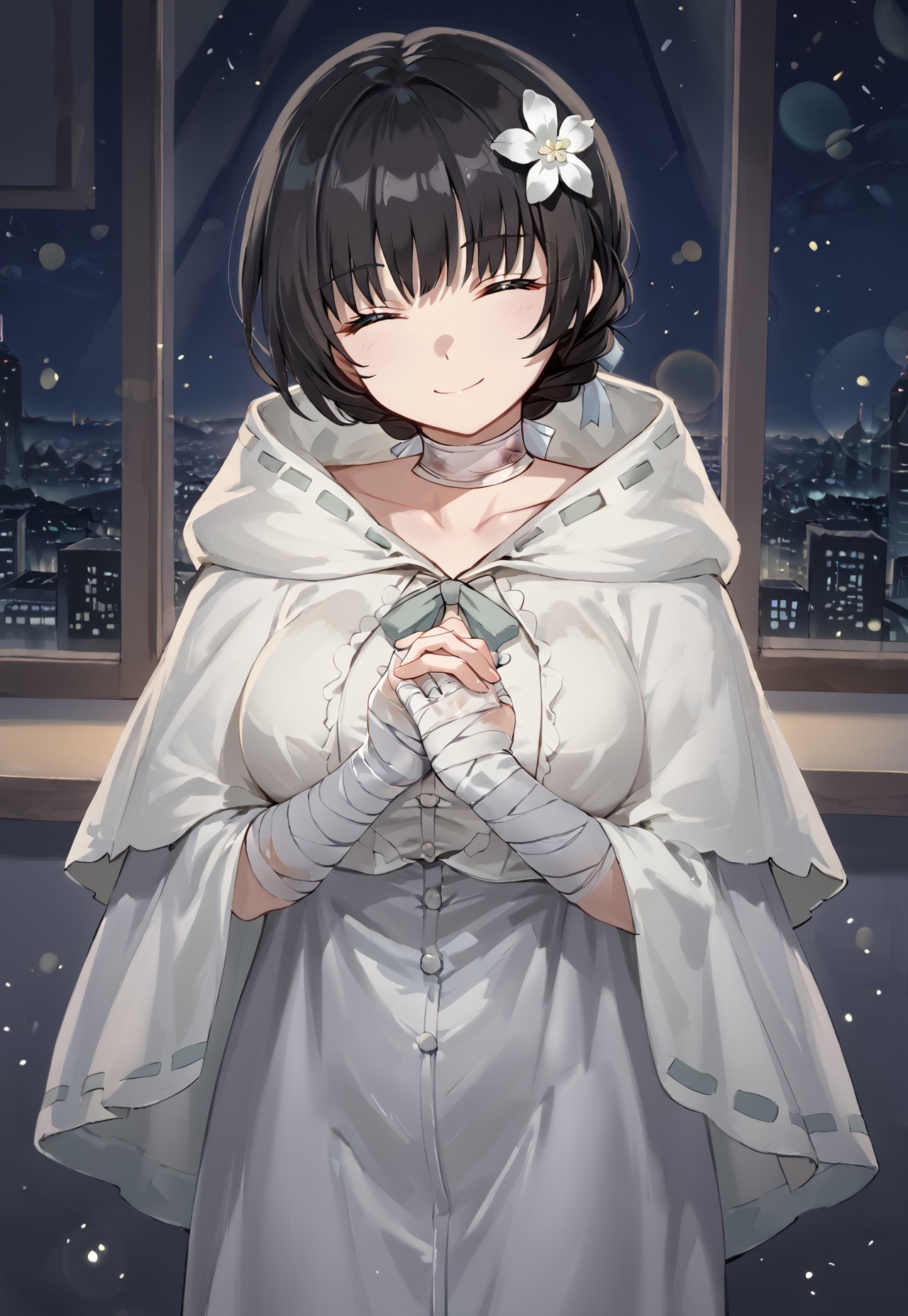 MachlianHood, black hair, short hair, hair ornament, hair flower, bangs, bandaged arm, bandaged neck, bandaged hand, closed eyes, white flower, hooded capelet, white dress, hood, large breasts, collarbone, white capelet, white cloak, braid,

looking at viewer, head tilt, smile, closed mouth, own hands together, praying, 

window, city, cityscape, dark, night, night sky, 

1girl, solo, solo focus, highres, absurdres, light particles, shade, lens flare, shiny skin, fine fabric emphasis,
