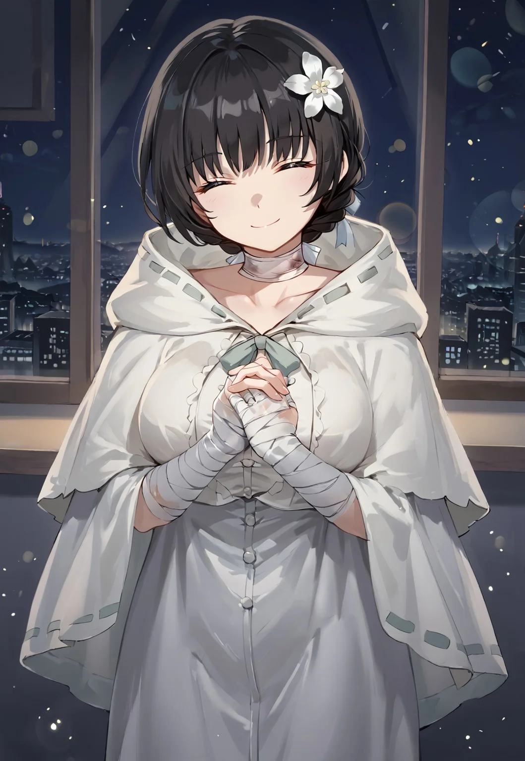 MachlianHood, black hair, short hair, hair ornament, hair flower, bangs, bandaged arm, bandaged neck, bandaged hand, closed eyes, white flower, hooded capelet, white dress, hood, large breasts, collarbone, white capelet, white cloak, braid,

looking at viewer, head tilt, smile, closed mouth, own hands together, praying, 

window, city, cityscape, dark, night, night sky, 

1girl, solo, solo focus, highres, absurdres, light particles, shade, lens flare, shiny skin, fine fabric emphasis,