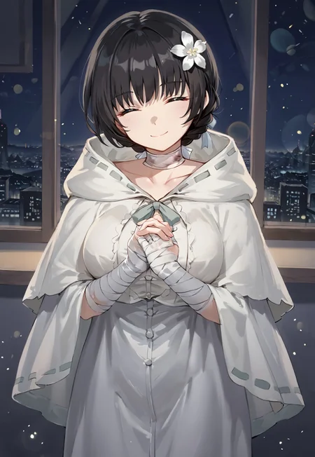 MachlianHood, black hair, short hair, hair ornament, hair flower, bangs, bandaged arm, bandaged neck, bandaged hand, closed eyes, white flower, hooded capelet, white dress, hood, large breasts, collarbone, white capelet, white cloak, braid,

looking at viewer, head tilt, smile, closed mouth, own hands together, praying, 

window, city, cityscape, dark, night, night sky, 

1girl, solo, solo focus, highres, absurdres, light particles, shade, lens flare, shiny skin, fine fabric emphasis,