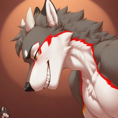 masterpiece, best quality, amazing quality,
1boy, solo, Anthro,Mosfetbah,wolf,two toned body,dark grey fur,white fur,red markings,yellow markings, 2 horns, face focus, close-up, grin, from side,