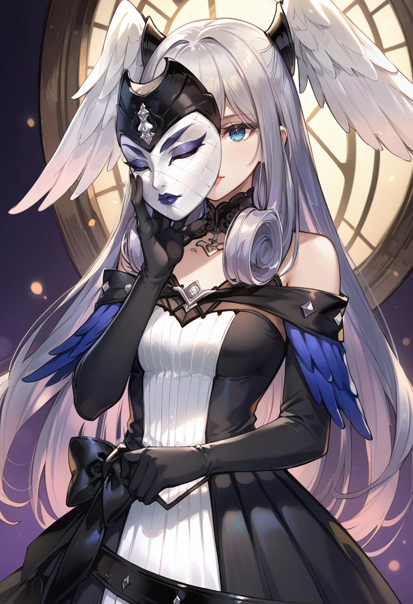 (score_9:0.9),score_8_up,score_7_up,rating_safe,anime style,(zPDXL),<lora:XB3 Melia Antiqua ponyXL v1:0.74>,melia antiqua xb3,1girl,solo,holding mask,black dress,black elbow gloves,mask,mask removed,medium breasts,bare shoulders,black choker,dark theme,lips,