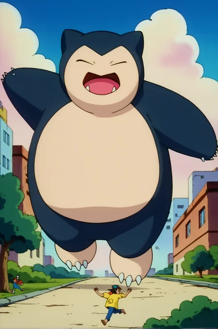 score_5, score_6, score_7, score_9, score_8_up, source_anime, pokemon, official style, retro, BREAK ,<lora:SnorlaxPony:0.9> ,snorlax, pokemon \(creature\), closed eyes, outdoors, solo, fangs, claws, full body, two-tone skin, background, pawpads, 3 toenails, 3 toes, 5 fingers, giant, giantess, oversize, size difference, BREAK, humans, people, running, fear, city, day, size difference