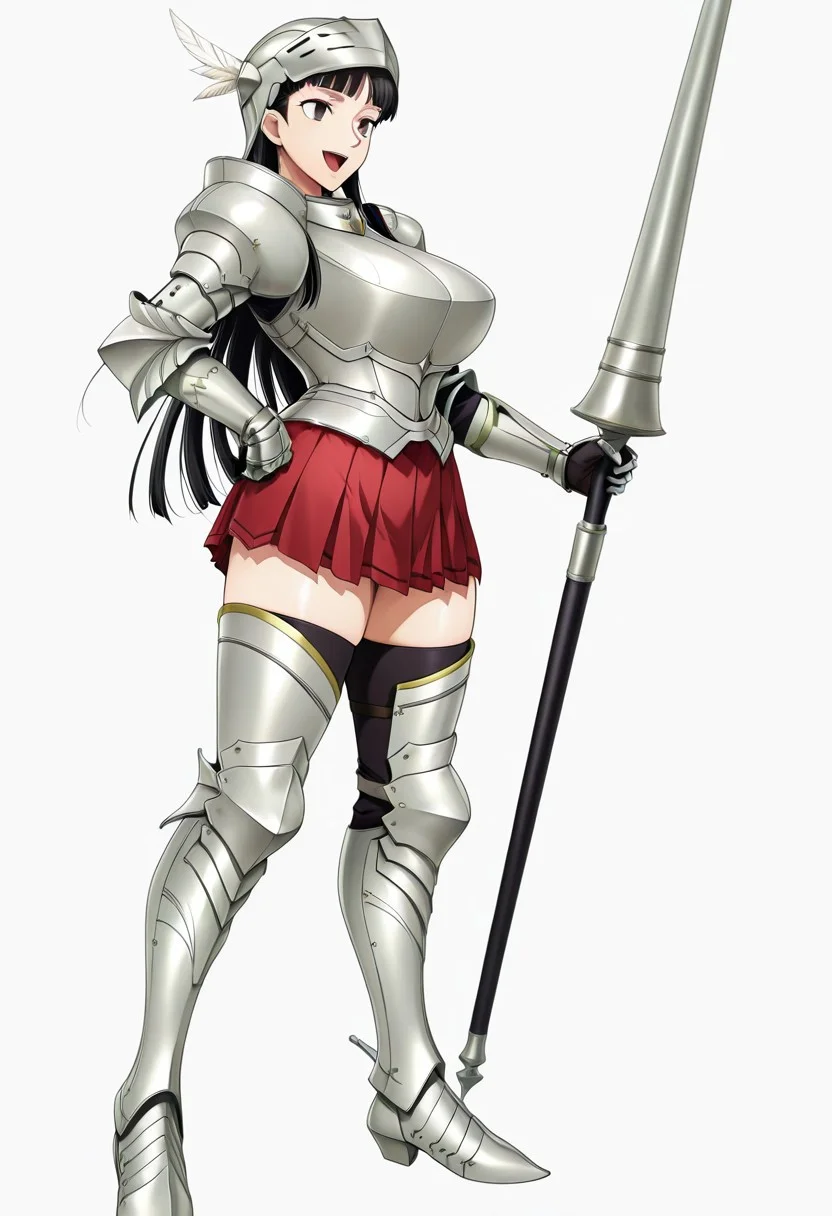 score_9,score_8_up,score_7_up,source_anime,5_figner,2d_animation,game cg,BREKE,1girl,solo,
p4amagi, Amagi Yukiko, long hair, black hair, bangs,
armor,gauntlets,breastplate,helmet,feathers,greaves,armored boots,zettai ryouik,black thighhighs,pleated skirt,red skirt,lance,knight,hold on lance,
smile,openmouth,full body,
huge breasts,thick hips,thick thighs,thick waist,disproportionate breasts,
curves,glamour,
simple background,white background,
masterpiece,best qualit,ultra-detailed,illustration,an extremely delicate and beautiful,beautiful detailed eyes,unity 8k wallpaper,high resolution,anime CG,official_art,Erotic_style, uncensored, anime_coloring, anime_screencap,