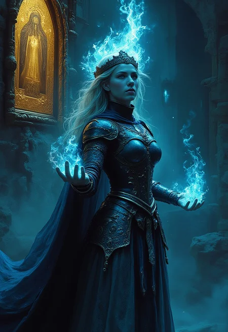 Cinematic style,
(in gainax style:1.4), (masterpiece, sharp focus:1.2), BREAK (A female spectral knight emerging from the ruins of an ancient cathedral, their armor glowing with ghostly blue flames, depicted in a style with low-key lighting, ethereal glow, decayed stone textures:1.1), BREAK (A vivid gold-painted icon of a saint on an intact section of a wall, illuminated by the faint flickering of spectral lights, set against the backdrop of a crumbling cathedral:1.4), (art by Gainax:1.4), (elaborately detailed attire with extraordinary elements and headdress:1.1), (hyperdetailed:1.1), (intricate details:1.0), (Refined details:1.1), (best quality:1.1), (high resolution:1.2), (very stylish detailed medieval haircut, mesmerizing detailed radiant face, mesmerizing detailed beautiful eyes:1.2)