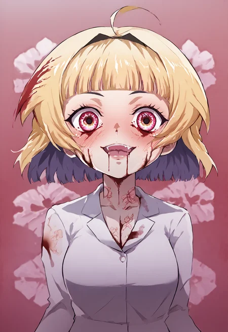 score_9, score_7_up, source_anime, uncensored, flat color, vector trace, zPDXLxxx, <lora:intricate_details:0.5> intricate_details_xl, pagoda, (bleeding:1.25), touching, multicolored background, face, breast focus,
1girl, solo, li, large breasts, colored tips, undercut, blunt bangs, heart ahoge, medium hair, looking at viewer, suit, ojou-sama pose, drooling,
<lora:Higurashi_Looper_Eyes_v1.1:1> looper eyes, diamond eyes, glowing eyes, symbol-shaped pupils, eye reflection <lora:Orenji_v3:1> orenji