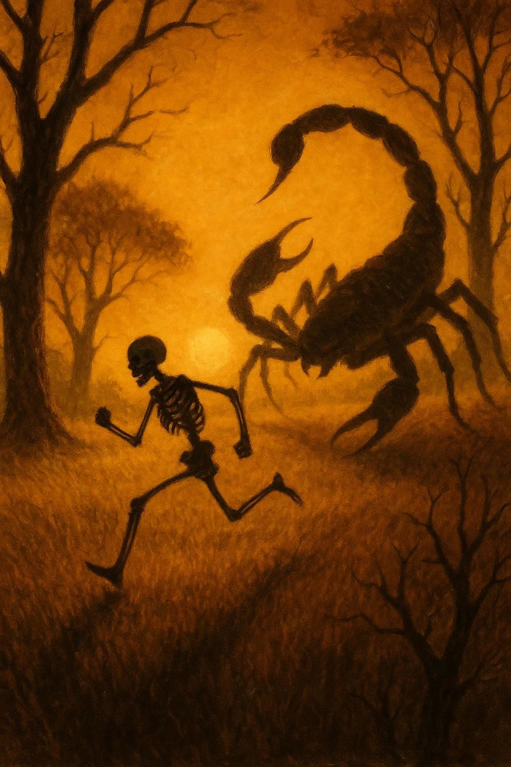 A skeletal silhouette races across sun-drenched meadows, limbs a frantic blur against the honey-gold haze. The towering beast looms in pursuit, stinger like a venomous blade glinting in the amber light. Shadows stretch long and menacing, cast by gnarled trees that pierce the oppressive silence.