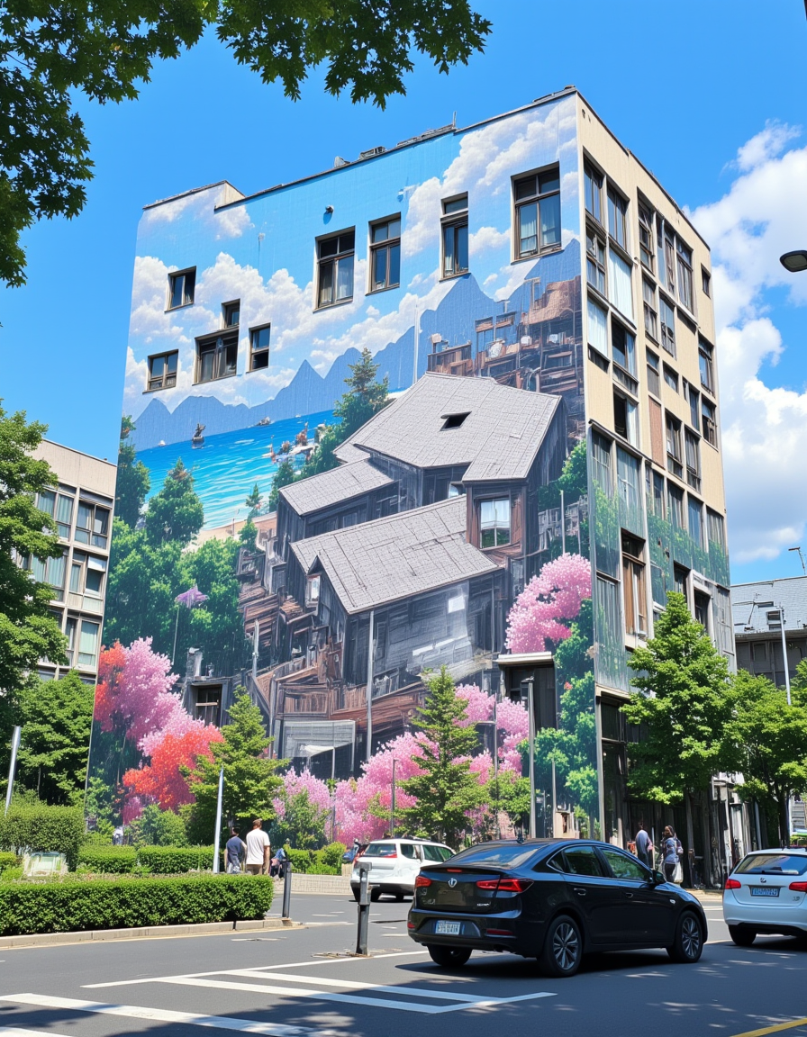 <lora:CWWalls1fluxb:1> wabkg, realistic world, photo. On the surface of a modern building there is a colorful painting of a beautiful japanese animation landscape. No paint on windows. Windows cutout. Vegetation. Blue sky with white clouds. People. Car.