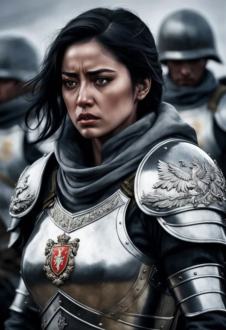 Illustration of a black-haired woman, upper body, she is wearing silvery armour with a heraldic coat of arms, she is crying, her head is tilted downwards, (behind her battlefield:1.6), gloom, pain, horror war, (soldiers fighting:1.2), (night:1.4), dark atmosphere, symmetrical eyes, fine details best quality, hyperdetailed face, photorealistic, (highest quality), (best shadow), high contrast