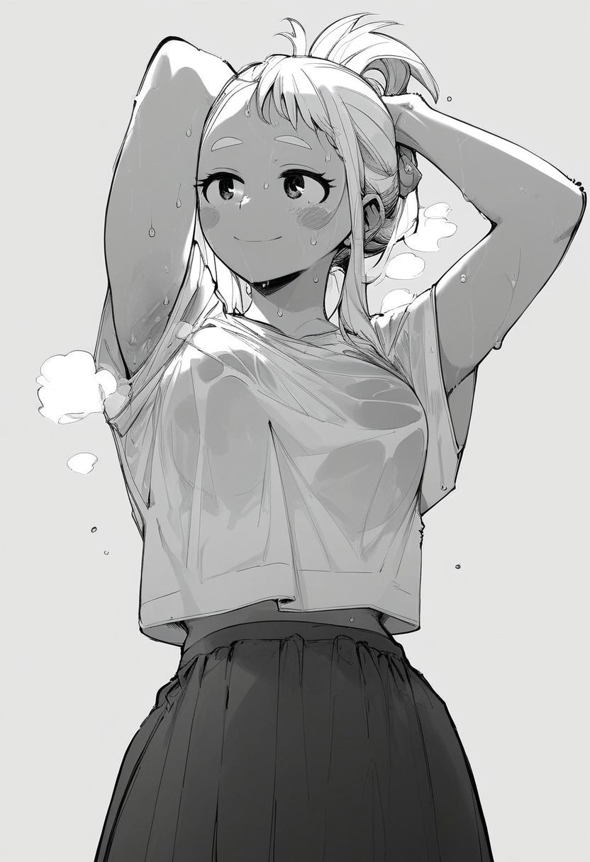 flatshinyskin, score_9, score_8_up, score_7_up , 1girl, 1girl, mosaic censoring, slight seductive pose, slight smile, medium breasts, sweating, breasts,, long skirt, 1girl, solo focus, Upper body, arms up tying hair, armpits, wet, sweaty, sweating, steam, standing, low angle, under boobs,  tying hair, making a ponytail
ochako_uraraka, 1girl, score_9, score_8_up, score_7_up, Monochrome,  Black and white, (MANGASTYLE) ,loose oversized Tshirt, long skirt, solo focus, perfect body, curvey, thick waist, thick body,, skin tight dress, front view, front focus, ((facing up, looking upwards)), arched back, leaning backwardsunderboobs