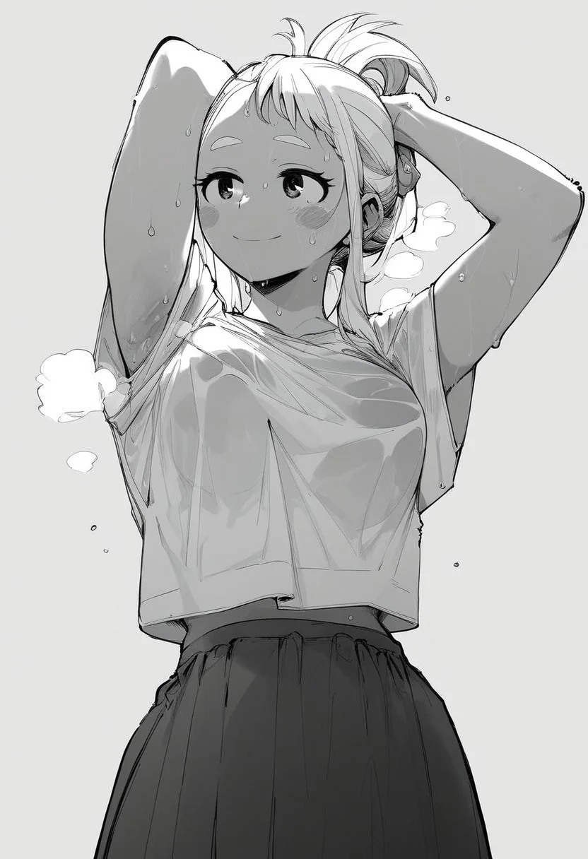 flatshinyskin, score_9, score_8_up, score_7_up , 1girl, 1girl, mosaic censoring, slight seductive pose, slight smile, medium breasts, sweating, breasts,, long skirt, 1girl, solo focus, Upper body, arms up tying hair, armpits, wet, sweaty, sweating, steam, standing, low angle, under boobs, tying hair, making a ponytail
ochako_uraraka, 1girl, score_9, score_8_up, score_7_up, Monochrome, Black and white, (MANGASTYLE) ,loose oversized Tshirt, long skirt, solo focus, perfect body, curvey, thick waist, thick body,, skin tight dress, front view, front focus, ((facing up, looking upwards)), arched back, leaning backwardsunderboobs