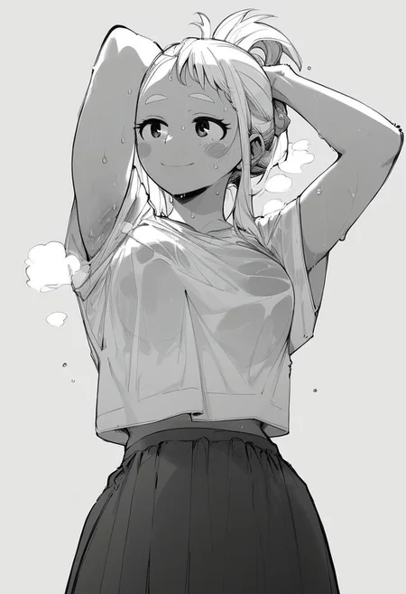 flatshinyskin, score_9, score_8_up, score_7_up , 1girl, 1girl, mosaic censoring, slight seductive pose, slight smile, medium breasts, sweating, breasts,, long skirt, 1girl, solo focus, Upper body, arms up tying hair, armpits, wet, sweaty, sweating, steam, standing, low angle, under boobs,  tying hair, making a ponytail
ochako_uraraka, 1girl, score_9, score_8_up, score_7_up, Monochrome,  Black and white, (MANGASTYLE) ,loose oversized Tshirt, long skirt, solo focus, perfect body, curvey, thick waist, thick body,, skin tight dress, front view, front focus, ((facing up, looking upwards)), arched back, leaning backwardsunderboobs