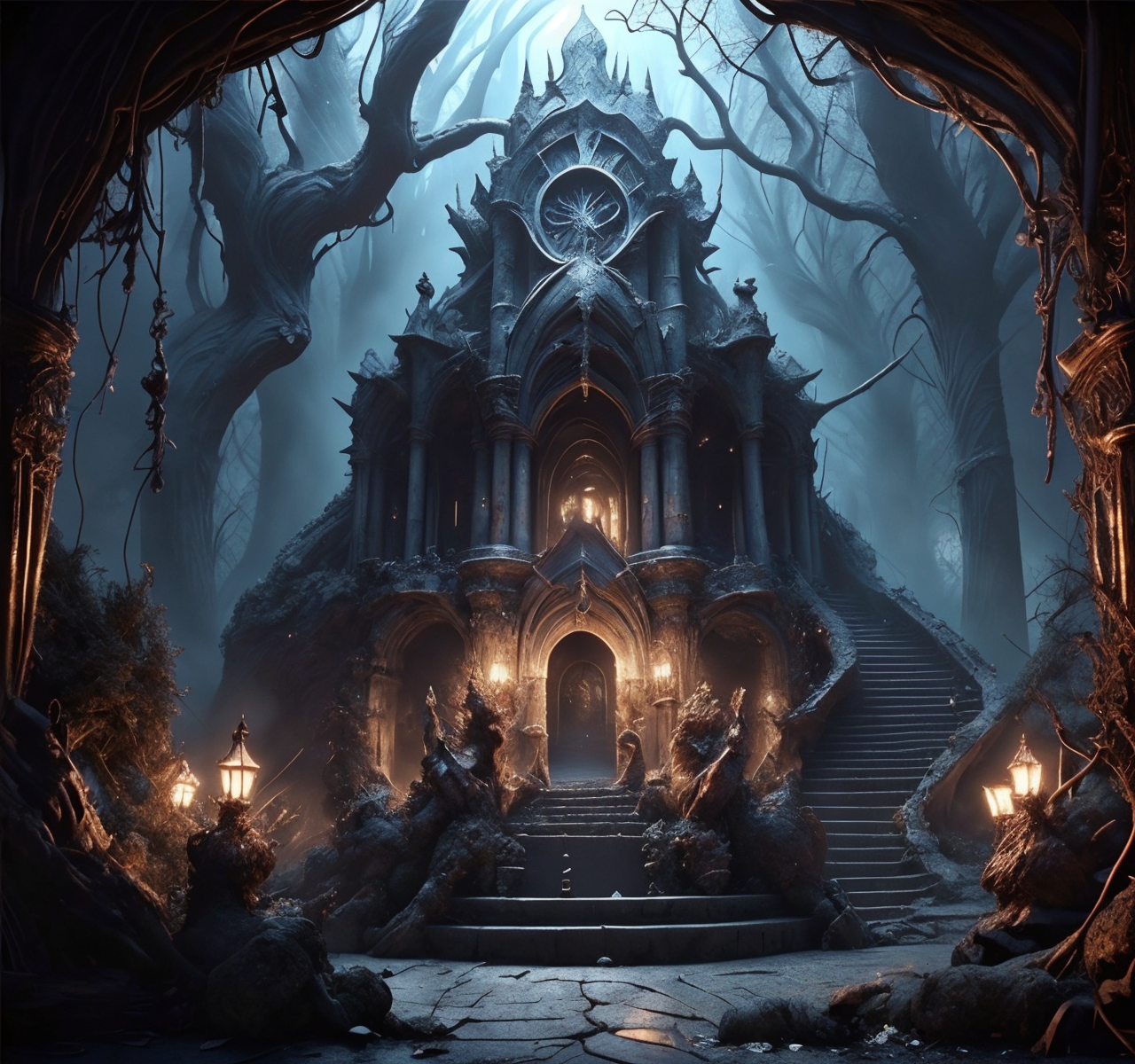 RAW photo, (masterpiece:1.3), subsurface scattering, heavy shadow, (high quality:1.4), (intricate, high detail:1.2), professional photography, HDR, High Dynamic Range, realistic, ultra realistic, photorealistic, high resolution, film photography, ambient lighting, atmospheric effects, <lora:detail_slider_v4:2>, OverallDetail,  <lora:Evil:1>, stairs, evilrealms, forest, epiCPhoto