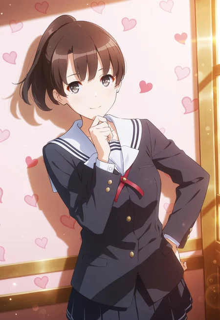 (solo), 1girl, m3gum1kat0, bangs, brown hair,pupils,brown eyes,ponytail ,short hair, ((detailed eyes, good fingers)),

dynamic angle, from hip,from 45 degrees,cinematic framing, (digital painting:0.8), (aura:0.2), MythAn1m3, bokeh, (luminescent background:0.8), 

elegant, masterpiece, best quality, highly detailed, high contrast, dramatic shadows, raytracing, subsurface scattering,

1girl, hand on chin, confident expression, black school uniform, standing pose, romantic heart-themed background, anime style, sharp lighting and contrast, flirty but composed vibe, looking at viewer
